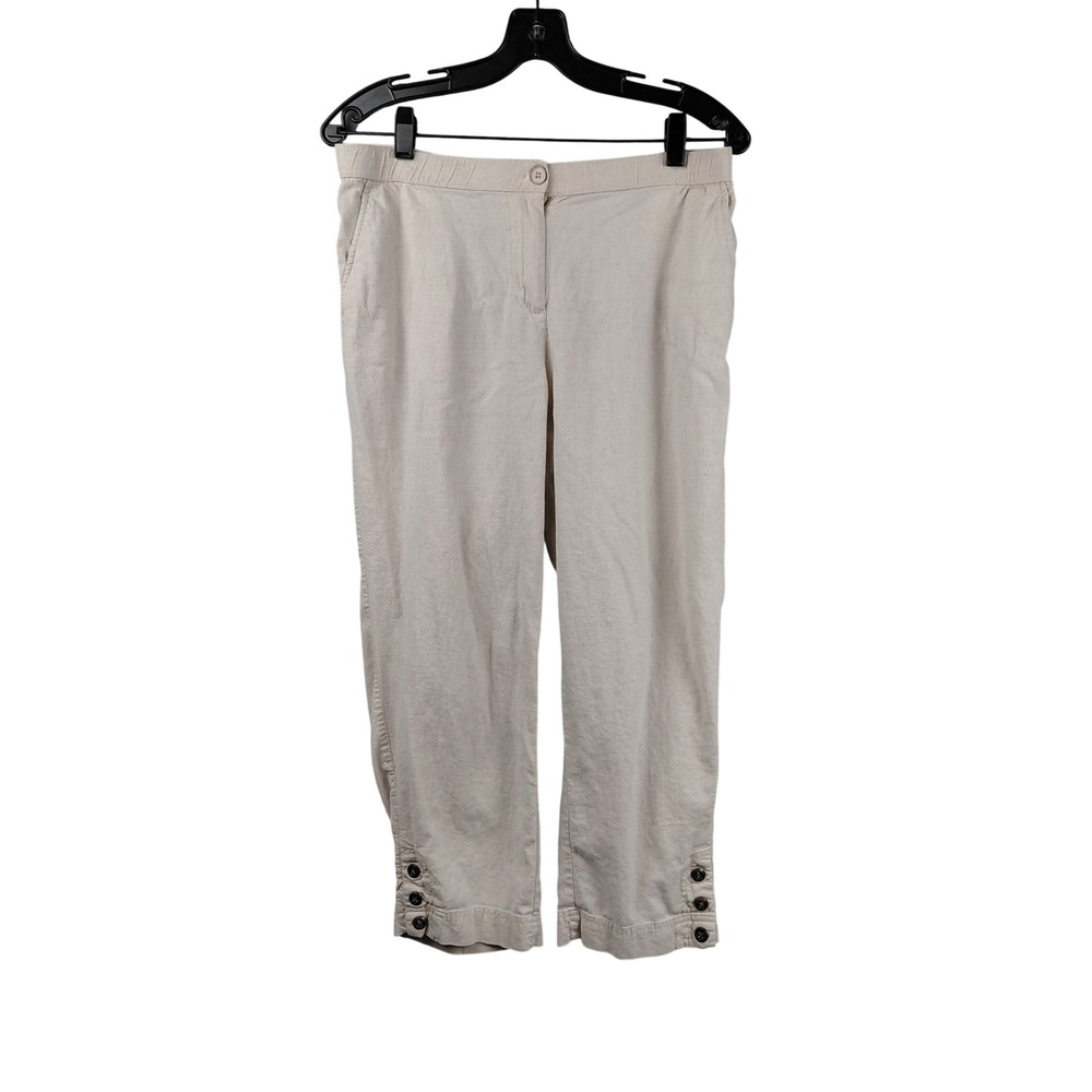 Cathy Daniels‎ Womens Beige Linen Blend Cropped Pants Button Hem Size 10 Capris